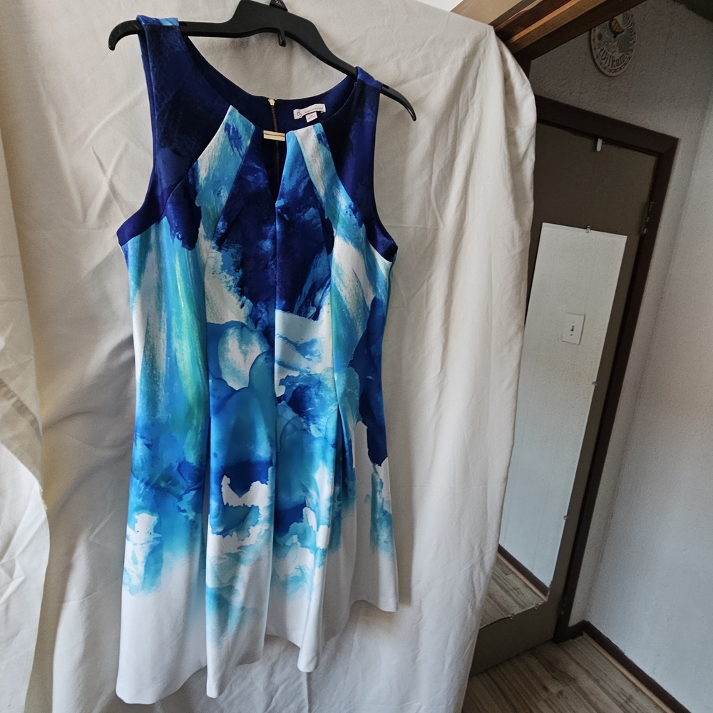 Blue and White Sleeveless Midi Dress